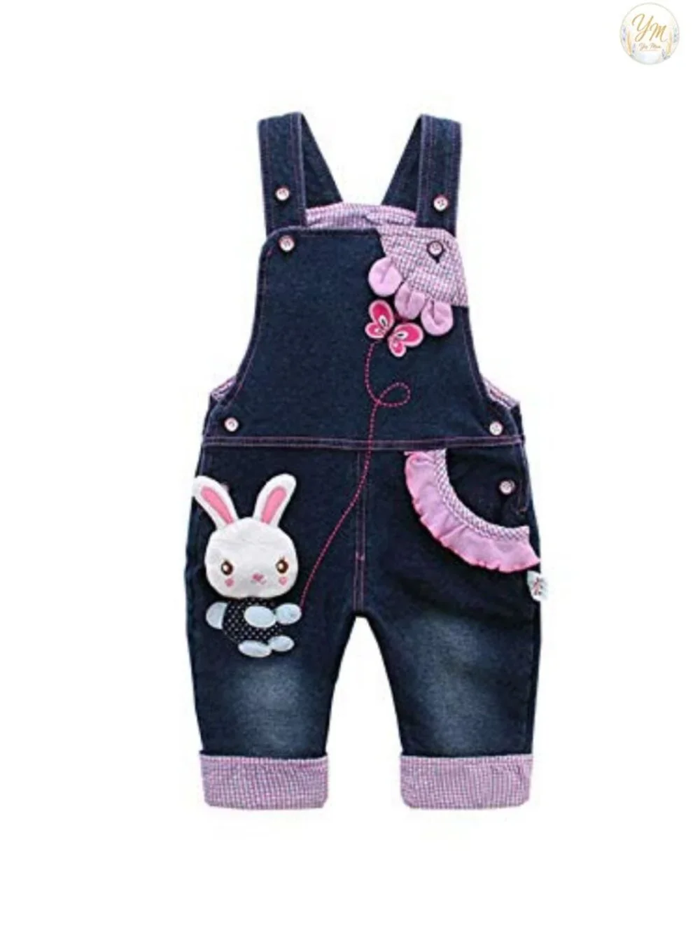 Toddler Girls Denim Overalls with 3D Bunny Patch & Ruffle Trim